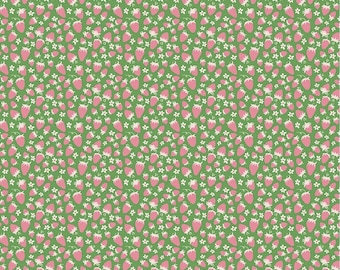 Riley Blake 100% Premium Cotton Fabric Strawberries Green from Summer Picnic Line.  Sold by the 1/2 yard