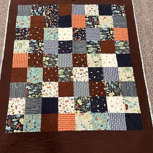 Baby Boy Handmade Large Quilt.  Hand pieced front Camp Woodland flannel by Riley Blake and machine quilted.  Flannel geometric FREE SHIPPING