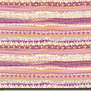 May include: A colorful fabric with a repeating pattern of horizontal stripes in shades of purple, orange, and cream. The stripes feature various geometric and floral designs, with a ruler showing inches at the bottom.
