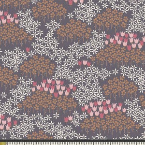 May include: A fabric with a repeating floral pattern. The design features white star-shaped flowers, brown clusters of flowers, and pink tulips on a dark gray background. The pattern repeats across the fabric.