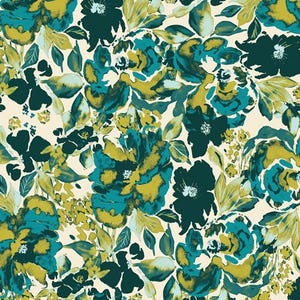 May include: Floral pattern featuring teal, olive green, and dark teal flowers and leaves on a cream background. The watercolor-style design showcases a variety of blooms and foliage, creating a vibrant and artistic textile design.