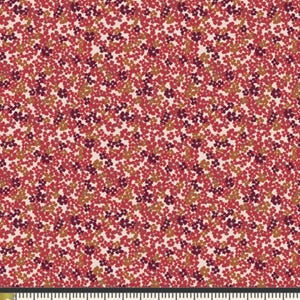 May include: A fabric with a dense floral pattern. The design features small, clustered flowers in shades of red, burgundy, and gold against a cream background. The pattern repeats across the fabric.