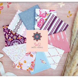 May include: A collection of folded fabric squares in various colors and patterns, including floral, geometric, and striped designs. The fabrics are arranged in a circular pattern around a logo that reads "Suzi Q Sweet Fabric".
