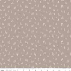 May include: A fabric with a repeating pattern of white fir trees on a taupe background. The trees vary in size and are evenly spaced across the fabric. The fabric is measured in inches.