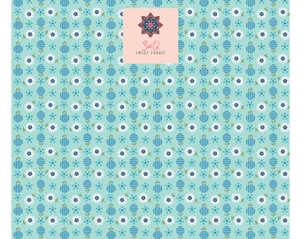 May include: A patterned fabric with a light teal background. The design features small white and blue flowers, vertical stripes, and striped circles. The fabric has the text "Suzi Q SWEET FABRIC" and the Riley Blake Designs logo.