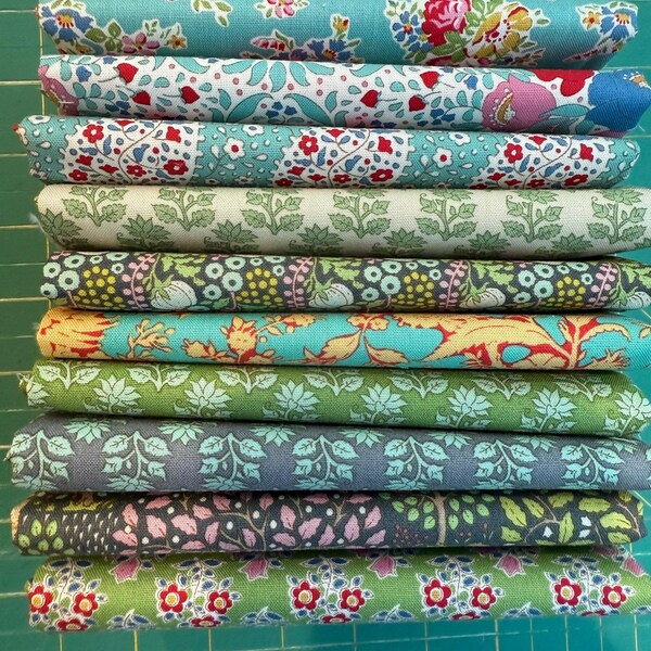 Tilda Curated 10 Piece Fat Quarter Scrap Bundle Green and Teal