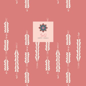May include: A repeating pattern of white geometric shapes resembling stylized trees on a coral background. The design includes a logo with a colorful mandala and the text "Suzi Q SWEET FABRIC".