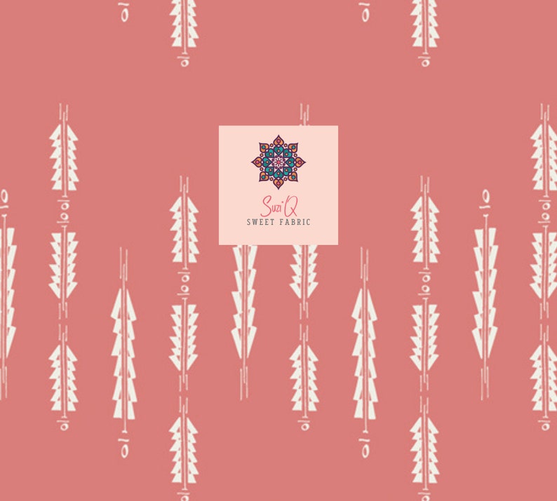 May include: A repeating pattern of white geometric shapes resembling stylized trees on a coral background. The design includes a logo with a colorful mandala and the text "Suzi Q SWEET FABRIC".