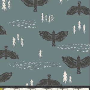 May include: A teal fabric with a repeating pattern of stylized dark gray birds in flight, white trees, and dotted lines. The birds have outstretched wings. The trees are simple, with a triangular shape. The pattern repeats across the fabric.