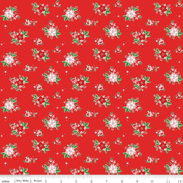 Riley Blake Fabric sold by the 1/2 yard Pixie Noel 2 Poinsettias Red Christmas Fabric