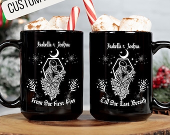 Custom Couples Mug, From Our First Kiss Till Our Last Breath, Gift for Husband Wife, Couples Matching Skeleton Mugs, His and Hers Gift 15 oz