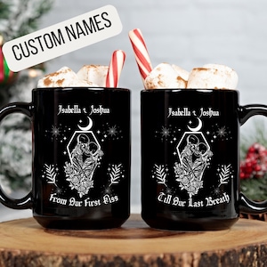 Custom Couples Mug, From Our First Kiss Till Our Last Breath, Gift for Husband Wife, Couples Matching Skeleton Mugs, His and Hers Gift 15 oz