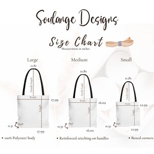 May include: Size chart for tote bags with measurements in inches. The chart shows three sizes: large, medium, and small. Each size is illustrated with a white tote bag with black handles. The tote bags are labeled with the dimensions of width, length, depth, and handle length.