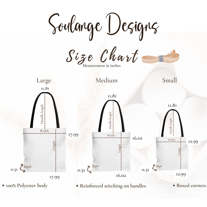 May include: Size chart for tote bags with measurements in inches. The chart shows three sizes: large, medium, and small. Each size is illustrated with a white tote bag with black handles. The tote bags are labeled with the dimensions of width, length, depth, and handle length.