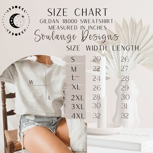 May include: Size chart for a Gildan 18000 sweatshirt, measured in inches. The chart shows the width and length of the sweatshirt in inches for sizes S, M, L, XL, 2XL, 3XL, and 4XL.