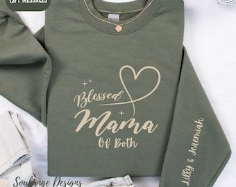 Personalized Blessed Mama of Both Sweatshirt With Names On  Sleeve, Customized Mom Crewneck, Christmas Gift for Mom, Mama Of Girls & Boys