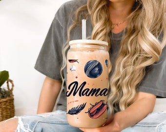 Baseball Mama Glass Can Tumbler with Bamboo lid and Straw, Gift idea for the baseball mama mom auntie grandma coach dad team mom,