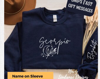 Custom Scorpio Sweatshirt Name On Sleeve, Zodiac Sweatshirt, Personalized Astrology Sweatshirt,Scorpio Gift, Scorpio Gifts, Custom Celestial