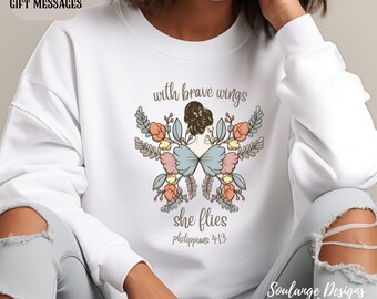 Boho Christian Sweatshirt Faith Shirt Bible Verse Shirt Religious Shirt Jesus Apparel Faith Based Mama Gift With Brave Wings Philippians4:13