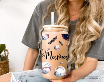 Baseball Mama Glass Can Tumbler with Bamboo lid and Glass Straw, Gift idea for the baseball mama mom auntie grandma coach dad team mom