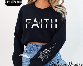 Christian Sweatshirt Sleeve Print, Religious Gift Jesus Shirt Christian Apparel Baptism Gift for Her Gift For Teenager, Faith Ephesians 2:8