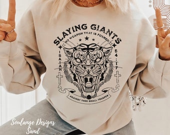 Christian Sweatshirt Bible Verse Slaying Giants Christian Sweatshirt Religious Gift, Jesus Sweatshirt Christian Apparel Baptism Gift for Her