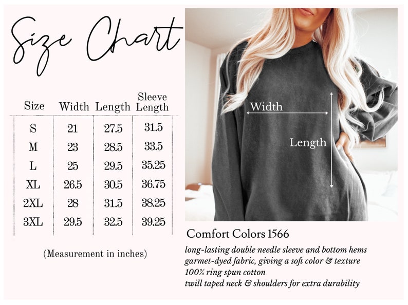 Peut inclure: Tableau des tailles pour un sweat-shirt avec des mesures en pouces pour la largeur, la longueur et la longueur des manches. Les tailles vont du S au 3XL. Le sweat-shirt est gris et a des manches et des ourlets inf&eacute;rieurs &agrave; double aiguille. Le tissu est teint en pi&egrave;ce, 100% coton fil&eacute; &agrave; l'anneau, et a un col et des &eacute;paules &agrave; bande serg&eacute;e pour une durabilit&eacute; accrue. Comfort Colors 1566.