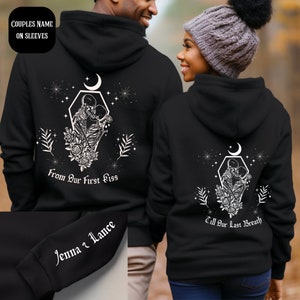From our First Kiss Till Our Last Breath Hooded Sweatshirt, Custom Sleeve Print With Names Or Initials, Personalized Couple Skeleton Hoodie