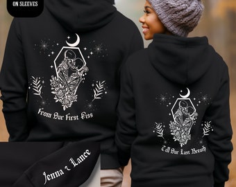 From our First Kiss Till Our Last Breath Hooded Sweatshirt, Custom Sleeve Print With Names Or Initials, Personalized Couple Skeleton Hoodie