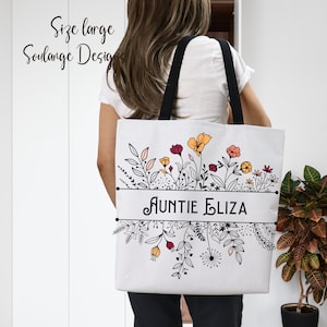 Custom Wildflowers Auntie Tote Bag, Beautiful Quality Bag, Auntie Gift, Personalized Tote Bag, Promoted To Auntie, Pregnancy Reveal,