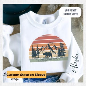 Custom State Mountain Sweatshirt, State Name On Sleeve Retro Sunset Aesthetic Sweatshirt Cozy Hiking Sweatshirt Outdoor Sweatshirt Mountain