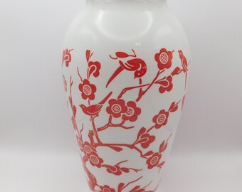 Vtg Mid Century Modern Milk Art Glass Vase w/ Birds & Cherry Blossoms Branch 9"