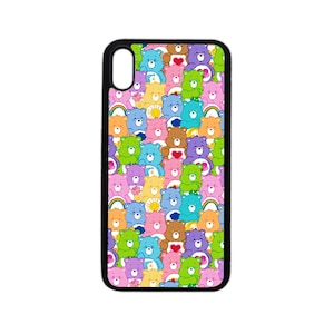 May include: A black phone case with a colorful pattern of Care Bears. The bears are all different colors and have different expressions on their faces.