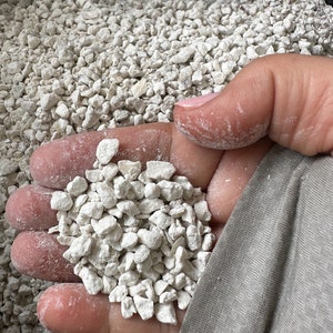 May include: A handful of small, white, irregularly shaped rocks. The rocks are about the size of a pea.