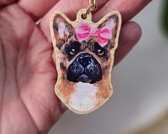 French Bulldog Keychain, Pink Bow Dog Charm, Frenchie Mom Keys Accessory