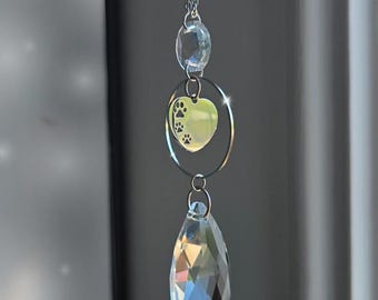 Pet Sun Catcher Car Charm, Heart Paw Crystal Window Decor, Rear View Mirror Accessory, Rainbow Bridge Keepsake