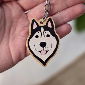 Porte-clés husky sibérien, breloque chiot en bois dessin animé, accessoire de race de chien, mémorial de la perte d'un animal de compagnie, cadeau vétérinaire pour maman de chien