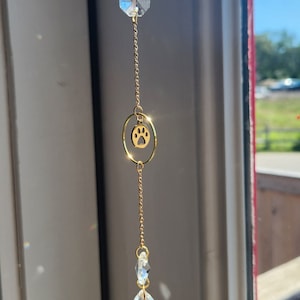Paw Sun Catcher, Gold Crystal Light Catcher, Window Hanging Aura Charm, Pet Loss Rainbow Bridge Keepsake, Dog Mom Accessory, Gifts for Vet