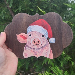 Pig Painting, Holiday Farmhouse Wall Decor, Santa Hat Cartoon Piglet, Farm Animal Christmas Decoration, Rustic Wood Farm Life Artwork