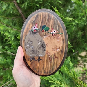 Chickens Painting, Holiday Hens Farmhouse Wall Decor, Holly Berry Garland Cartoon Hen, Farm Animal Christmas Art, Rustic Wood Farm Life