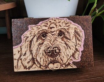 Golden Doodle Jewelry Box, Dog Keepsake with Hyacinth Flowers, Pet memorial Trinket Holder