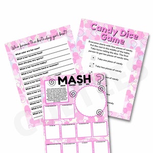 Sleepover party pack. 3 games. MASH, candy dice, birthday girl.   Instant download. Printable. PDF.