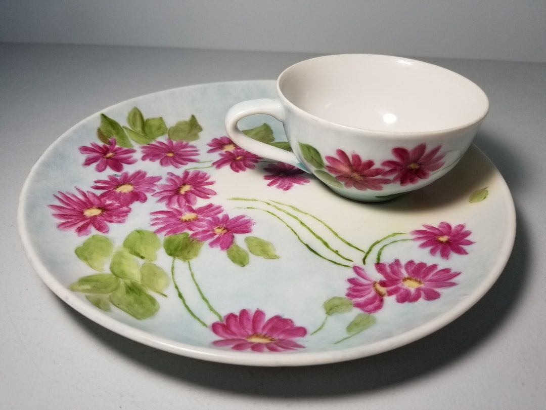Hand Painted Tea Cup Luncheon Plate Set Etsy