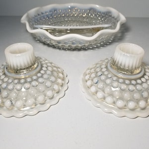 Moonstone Clear Opalescent Anchor Hocking Depression Glass Candlestick holder divided relish dish set