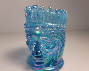 1976 Joe St. Clair Blue Carnival Glass Indian Chief toothpick holder