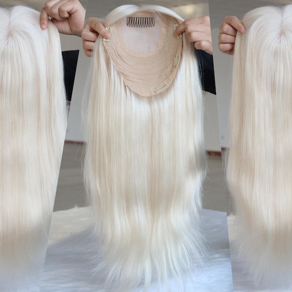 20" White Blonde Hair Topper 8x9" Silk Top Wefted Base Multi-Directional Parting 130% Density Premium Real Human Hair Topper Can Be Dyed