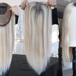 Hair Topper 7x8&quot; Silk Top Wefted Base Multi-Directional Parting 16&quot; Light Blonde Balayage Hair 150% Density Premium Real Human Hair Topper
