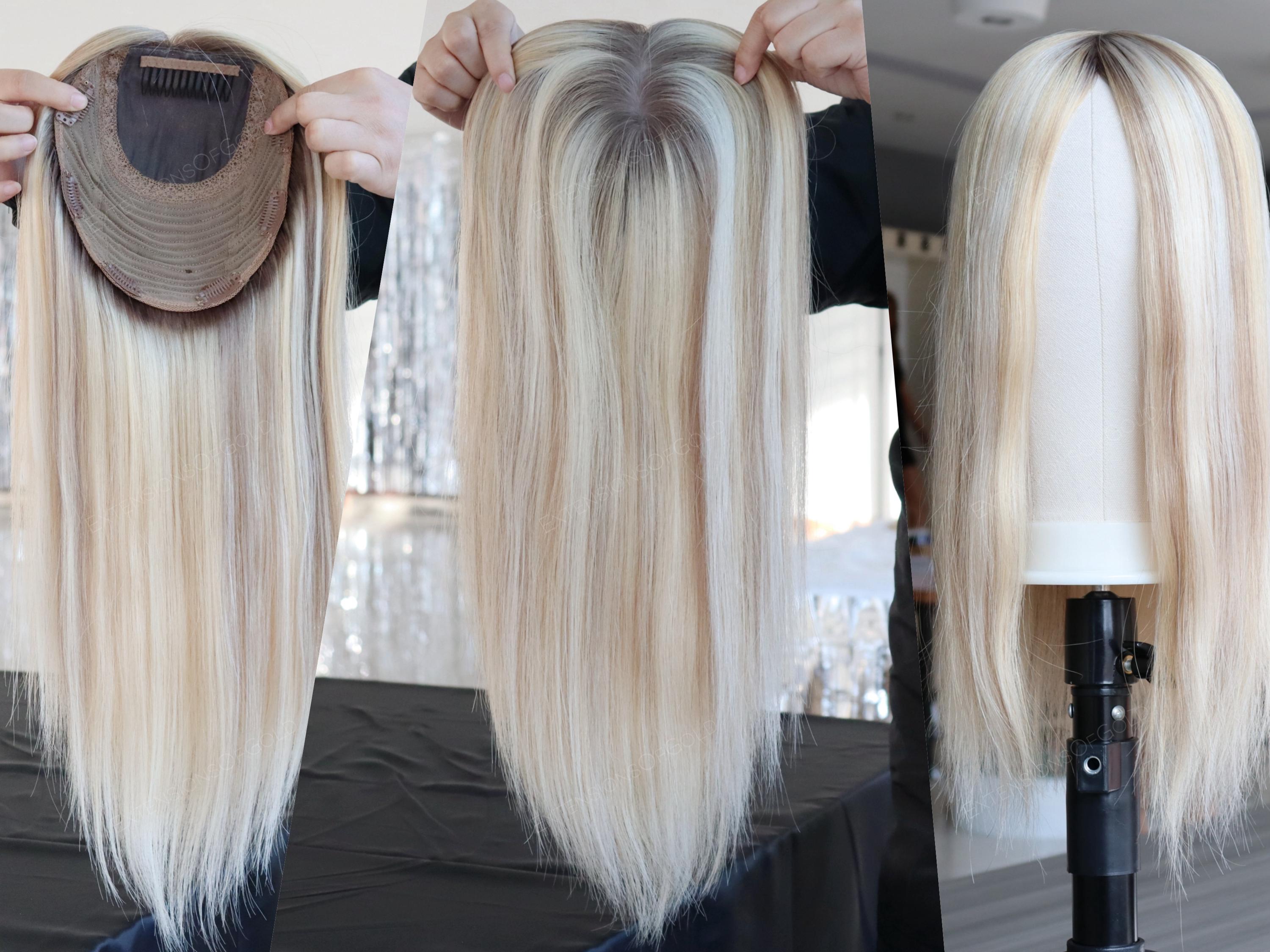 Hair Topper 7x8" Silk Top Wefted Base Multi-Directional Parting 16" Light Blonde Balayage Hair 150% Density Premium Real Human Hair Topper