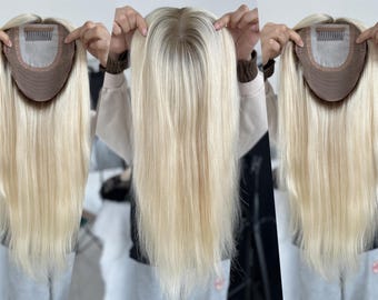 18&quot; Natural Light Blonde Hair Topper 7x8&quot; Silk Top Wefted Base Free Part 130% Density Premium Real Human Hair Topper for Thinning Hair Loss