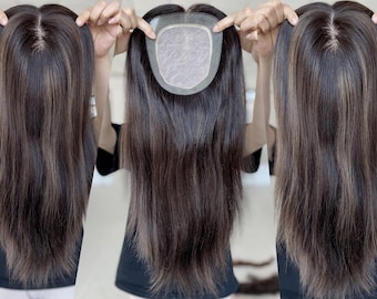 Clipless Hair Topper 6x7&quot; Silk Base Multi-Directional Parting 14&quot; Dark Brown Dimensional Hair 120% Density Premium Real Human Hair Topper